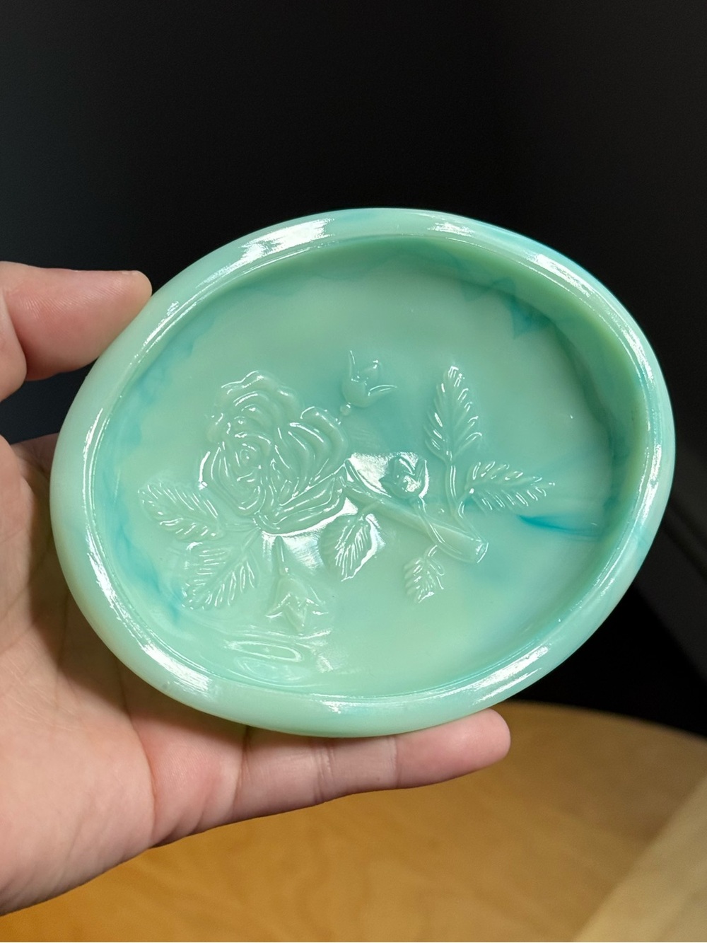 Vintage c1970s Pastel Blue Slag Milk Glass Oval Soap Roses Decal Dish by AVON